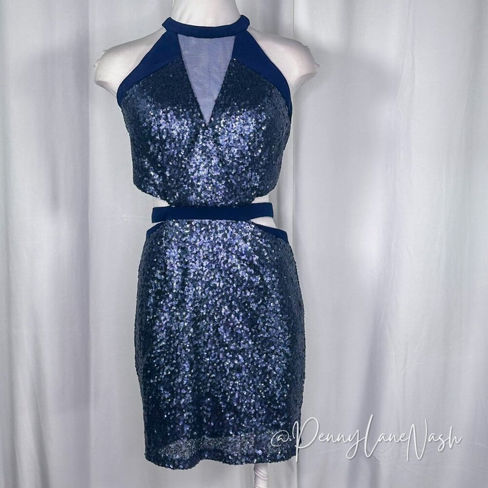Alyce Paris Sequin Halter V Neck Cutout Fitted Cocktail Dress Navy - Picture 2 of 13